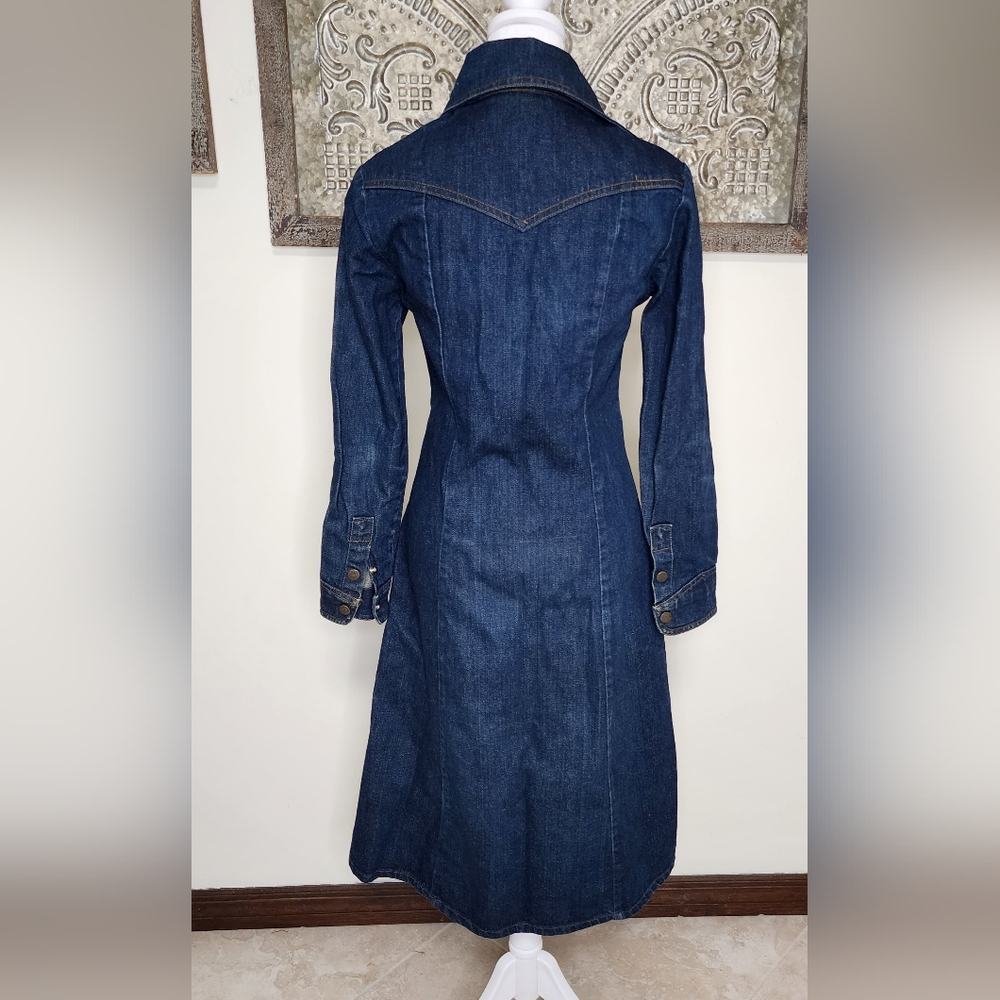 70's Vintage Landlubber Denim Duster Snap Button Dress Sz7 USA Western Boho Chic - Picture 12 of 15
